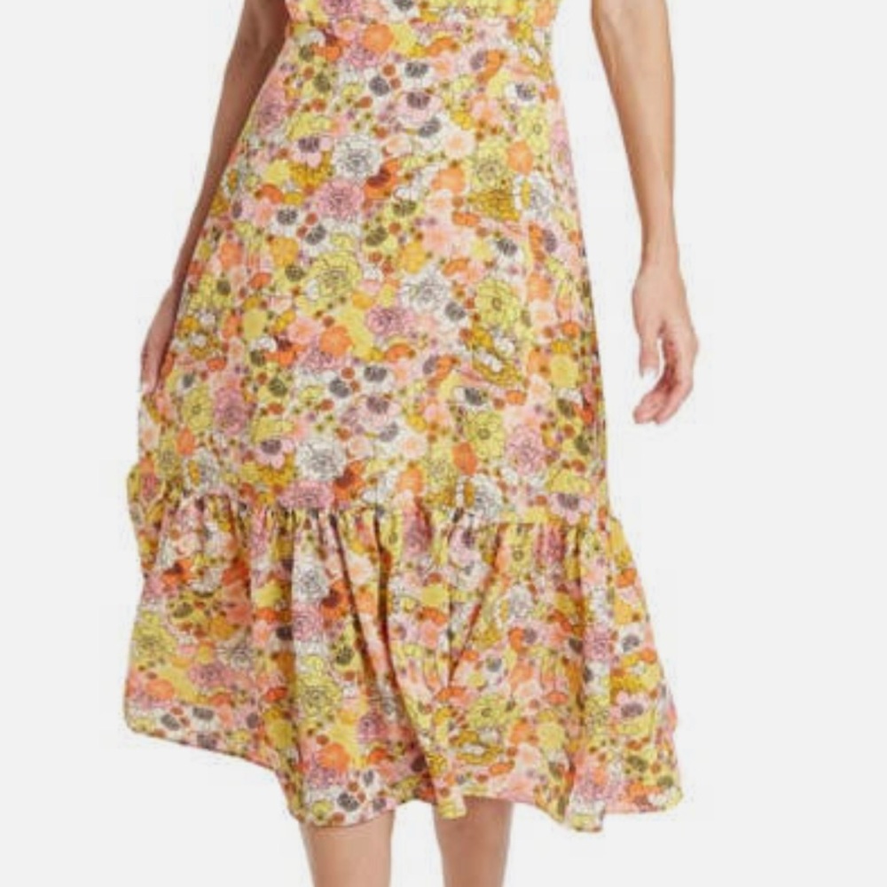 BCBGeneration Storybook Floral Ruffle Midi Dress - Orange, Yellow, Pink - XL
